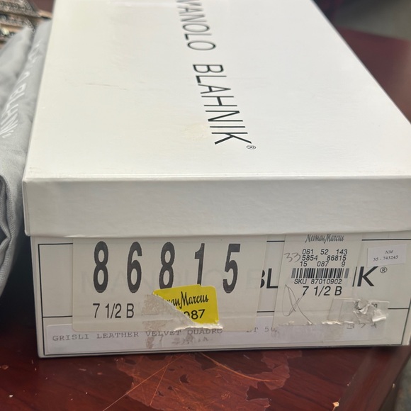 Manolo Blahnik tan and black leather and velvet jewled slingback kitten heel. - Picture 13 of 13